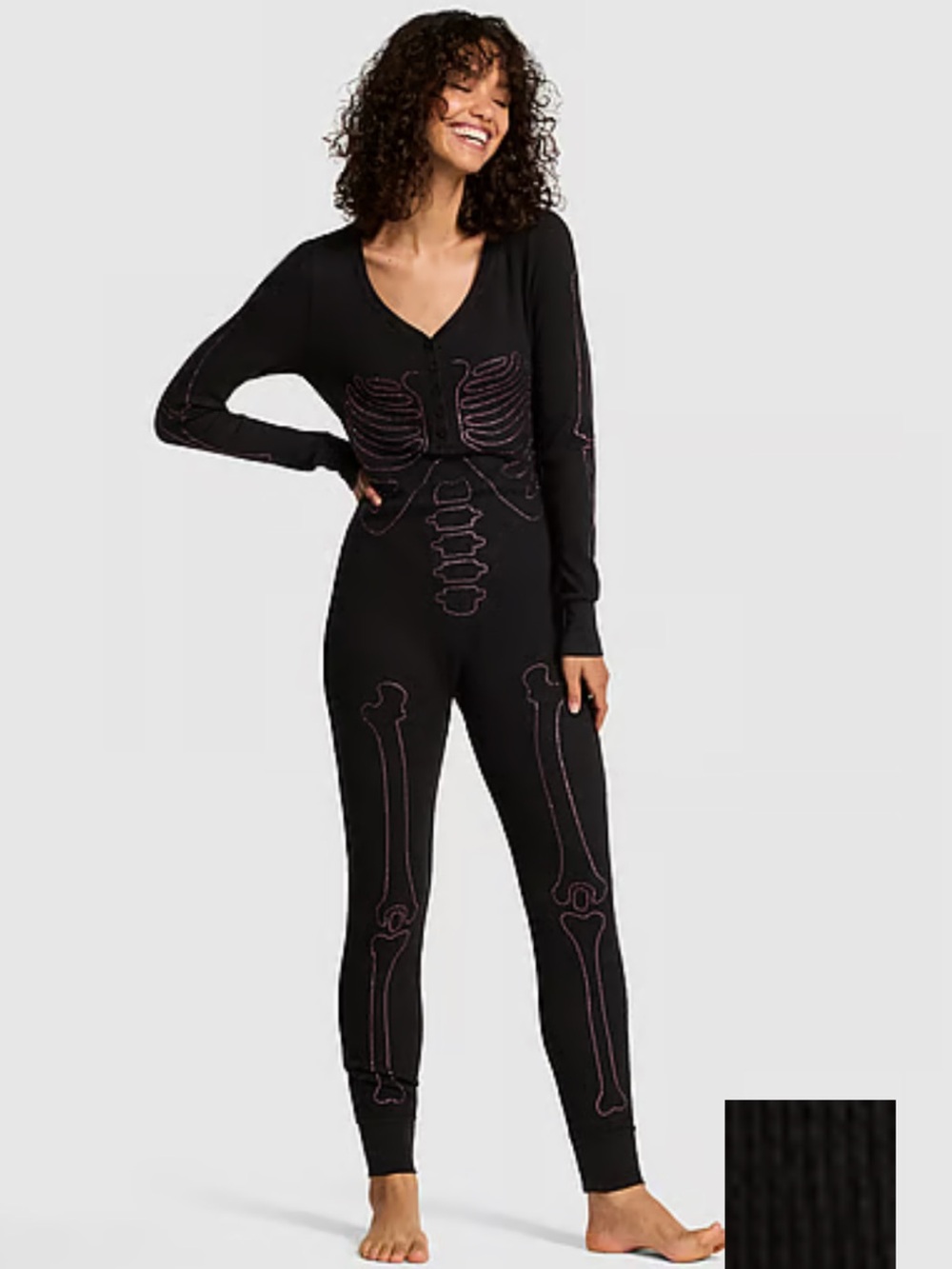 PINK Victoria's Secret Halloween Black Skeleton One-Piece Pajama Jumpsuit RARE